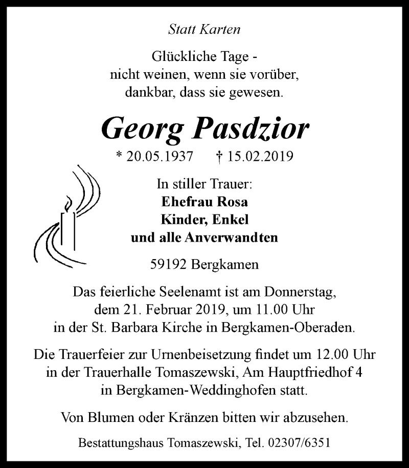  Traueranzeige für Georg Pasdzior vom 20.02.2019 aus Stadtspiegel Kamen + Unna
