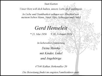 Traueranzeige von Gerd Henseleit von Klever Wochenblatt