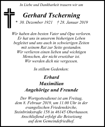 Traueranzeige von Gerhard Tscherning von Wochen-Anzeiger Oberhausen