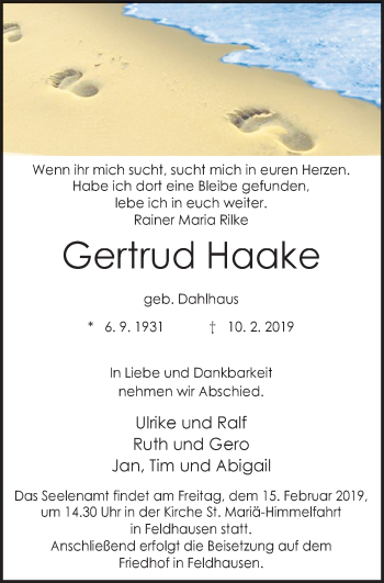 Traueranzeige von Gertrud Haake von Stadtspiegel Bottrop