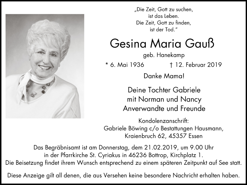 Traueranzeigen von Gesina Maria Gauß | Trauer-in-NRW.de