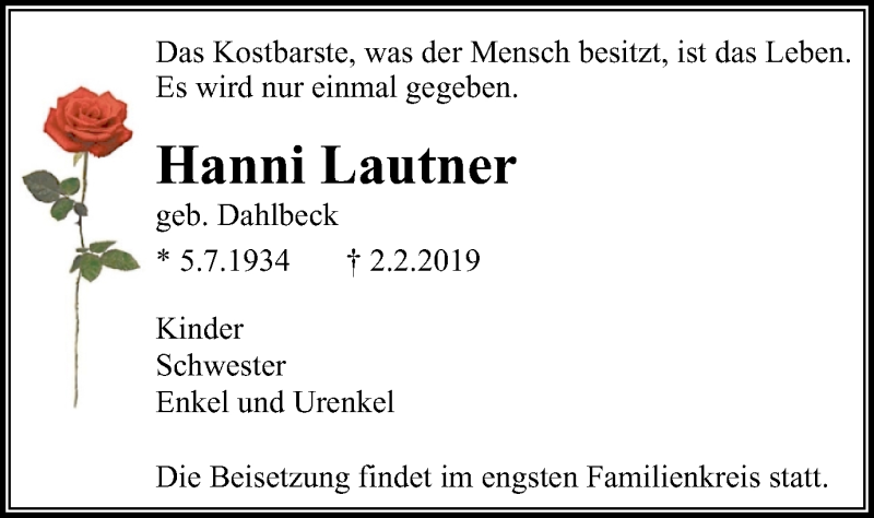  Traueranzeige für Hanni Lautner vom 06.02.2019 aus Stadtspiegel Bochum