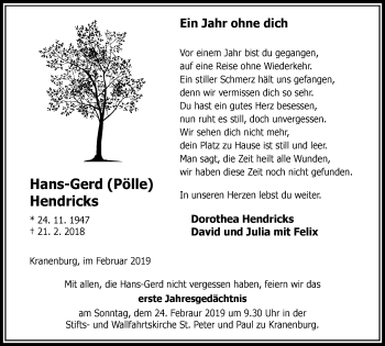 Traueranzeige von Hans-Gerd  Hendricks von Klever Wochenblatt