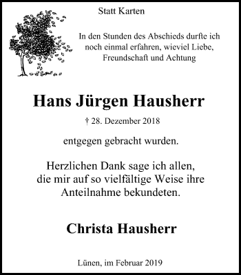 Traueranzeige von Hans Jürgen Hausherr von Lüner Anzeiger