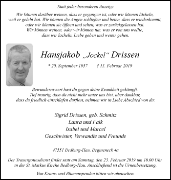 Traueranzeige von Hansjakob Drissen von Klever Wochenblatt
