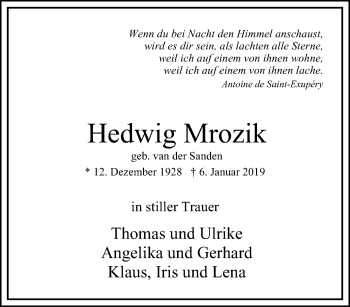 Traueranzeige von Hedwig Mrozik von Süd Anzeiger Essen