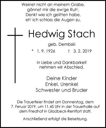 Traueranzeige von Hedwig Stach von Stadtspiegel Gladbeck