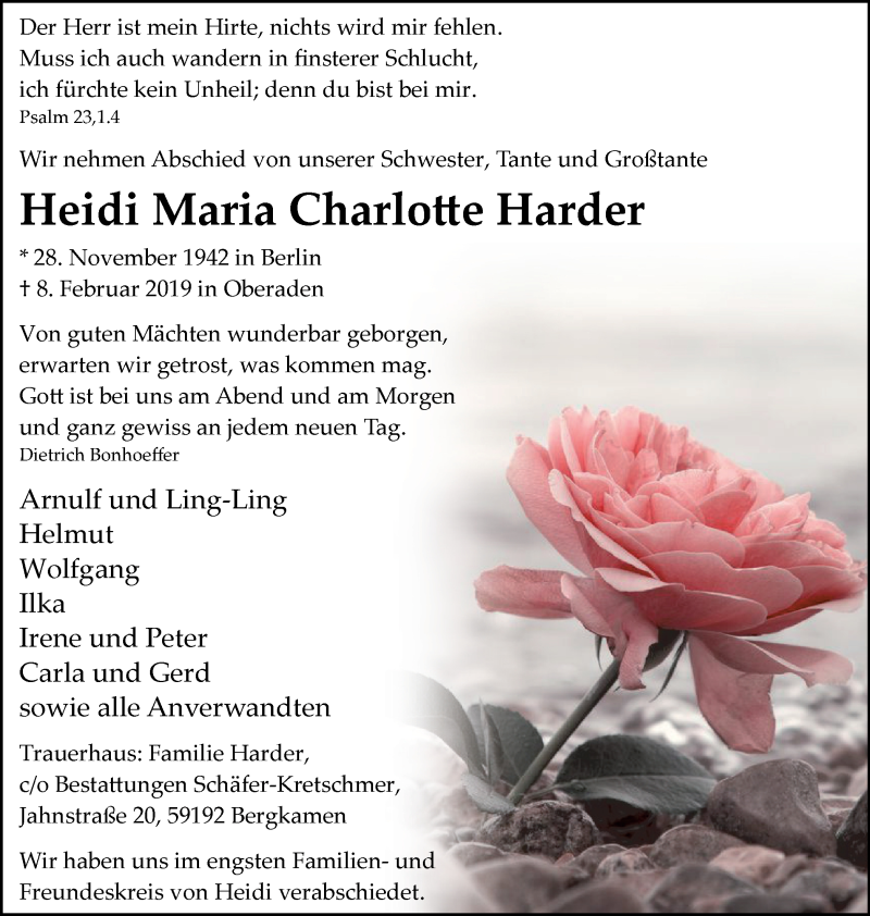  Traueranzeige für Heidi Maria Charlotte Harder vom 27.02.2019 aus Stadtspiegel Kamen + Unna