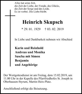 Traueranzeige von Heinrich Skupsch von Wochen-Anzeiger Oberhausen