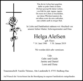 Traueranzeige von Helga Alefsen von Klever Wochenblatt