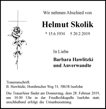 Traueranzeige von Helmut Skolik von Stadtspiegel Iserlohn + Hemer