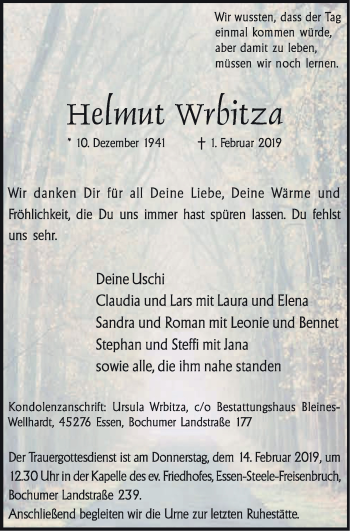 Traueranzeige von Helmut Wrbitza von Steeler Kurier