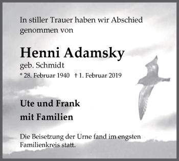 Traueranzeige von Henni Adamsky von Wochenblatt Herne/Wanne-Eickel