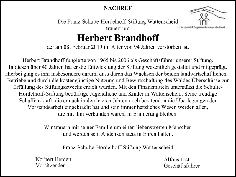 Traueranzeige für Herbert Brandhoff vom 20.02.2019 aus Stadtspiegel Bochum