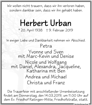 Traueranzeige von Herbert Urban von WVW Anzeigenblätter