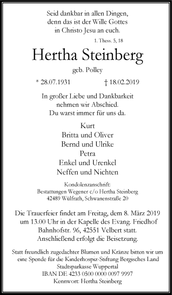 Traueranzeige von Hertha Steinberg von Stadtanzeiger Velbert + Heiligenhaus