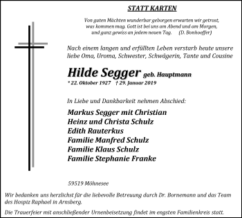 Traueranzeige von Hilde Segger von Stadtspiegel Menden + Froendenberg