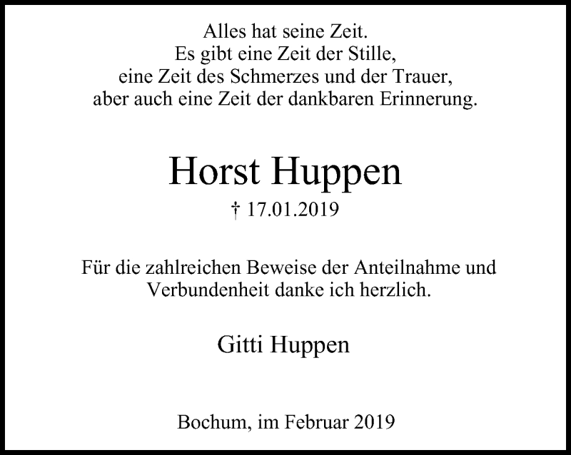  Traueranzeige für Horst Huppen vom 23.02.2019 aus Stadtspiegel Bochum