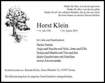 Traueranzeige von Horst Klein von Steeler Kurier