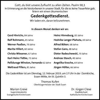 Traueranzeige von In Gedenken  von Stadtspiegel Essen