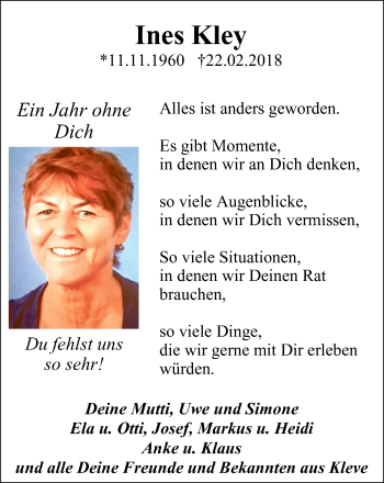 Traueranzeige von Ines Kley von Klever Wochenblatt