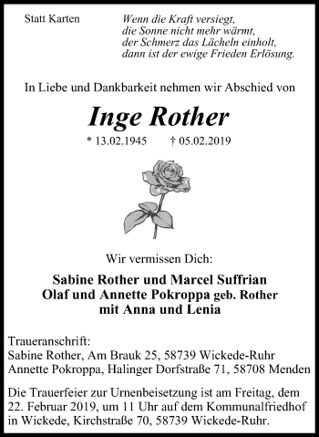 Traueranzeige von Inge Rother von Stadtspiegel Menden + Froendenberg