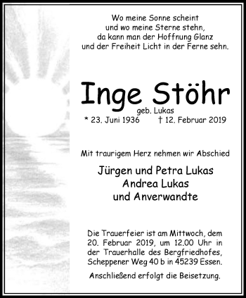 Traueranzeige von Inge Stöhr von Werden Kurier