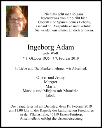 Traueranzeige von Ingeborg Adam von Borbeck Kurier