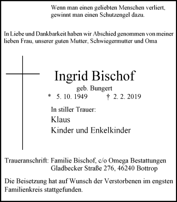 Traueranzeige von Ingrid Bischof von Stadtspiegel Bottrop