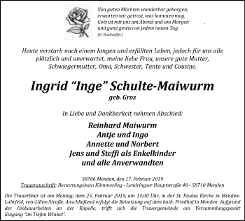 Traueranzeige von Ingrid Schulte-Maiwurm von Stadtspiegel Menden + Froendenberg