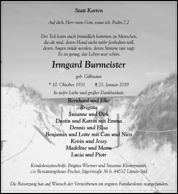 Traueranzeige von Irmgard Burmeister von Lüner Anzeiger