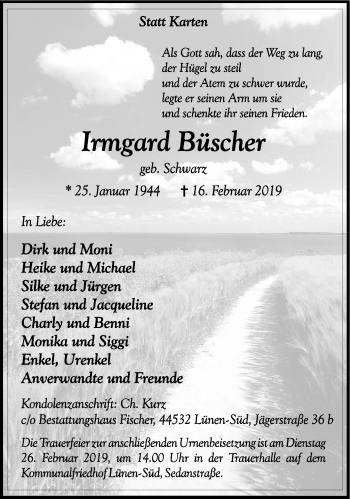 Traueranzeige von Irmgard Büscher von Lüner Anzeiger
