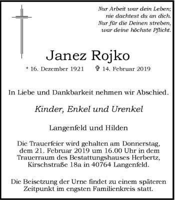 Traueranzeige von Janez Rojko von Wochen-Anzeiger Langenfeld/Monheim/Hilden
