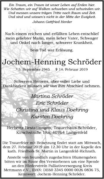 Traueranzeige von Jochem-Henning Schröder von Wochen-Anzeiger Langenfeld/Monheim/Hilden