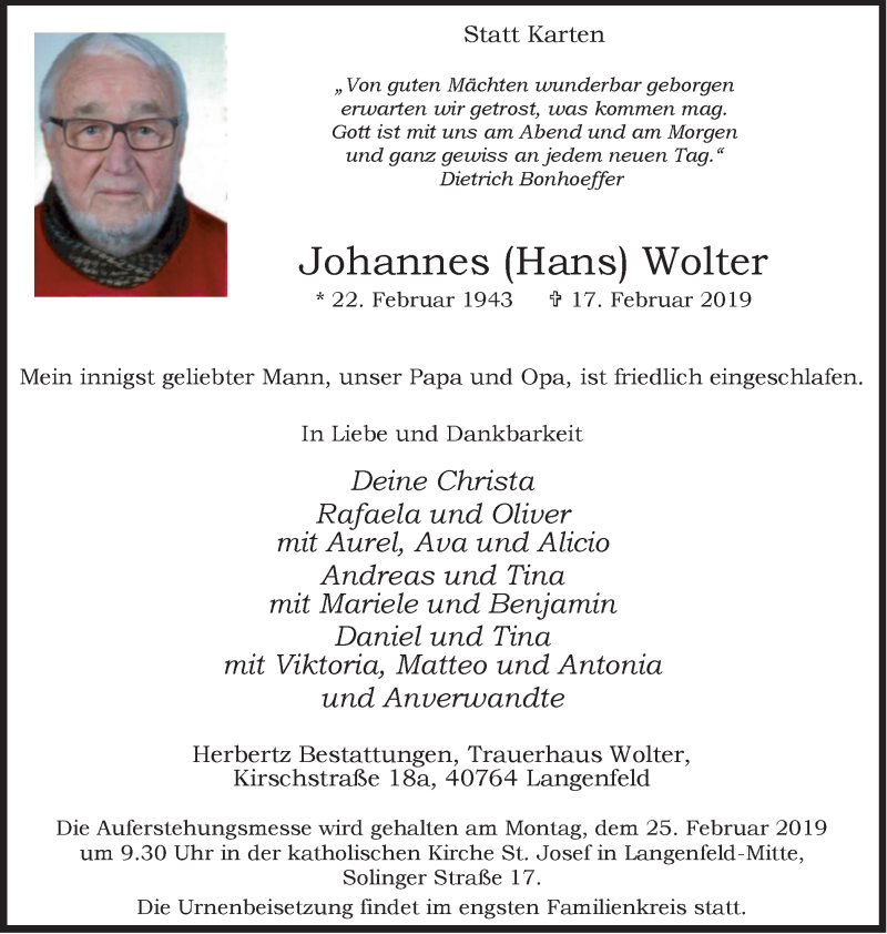  Traueranzeige für Johannes  Wolter vom 23.02.2019 aus Wochen-Anzeiger Langenfeld/Monheim/Hilden