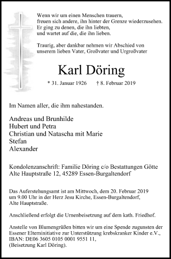 Traueranzeige von Karl Döring von Stadtspiegel Hattingen/Niedersprockhövel
