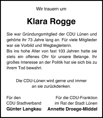 Traueranzeige von Klara Rogge von Lüner Anzeiger