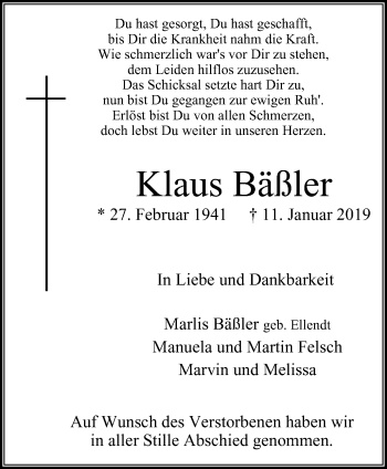 Traueranzeigen von Klaus Bäßler TrauerinNRW.de