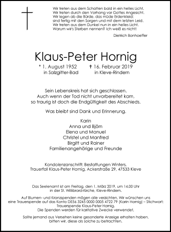 Traueranzeige von Klaus-Peter Hornig von Klever Wochenblatt