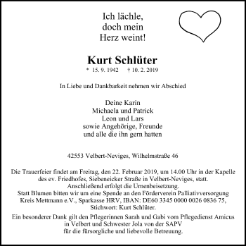 Traueranzeige von Kurt Schlüter von Stadtanzeiger Velbert + Heiligenhaus