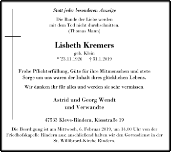 Traueranzeige von Lisbeth Kremers von Klever Wochenblatt