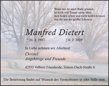 Traueranzeige von Manfred Dietert von Stadtanzeiger Velbert + Heiligenhaus