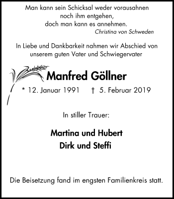 Traueranzeige von Manfred Göllner von Wochen-Anzeiger Oberhausen