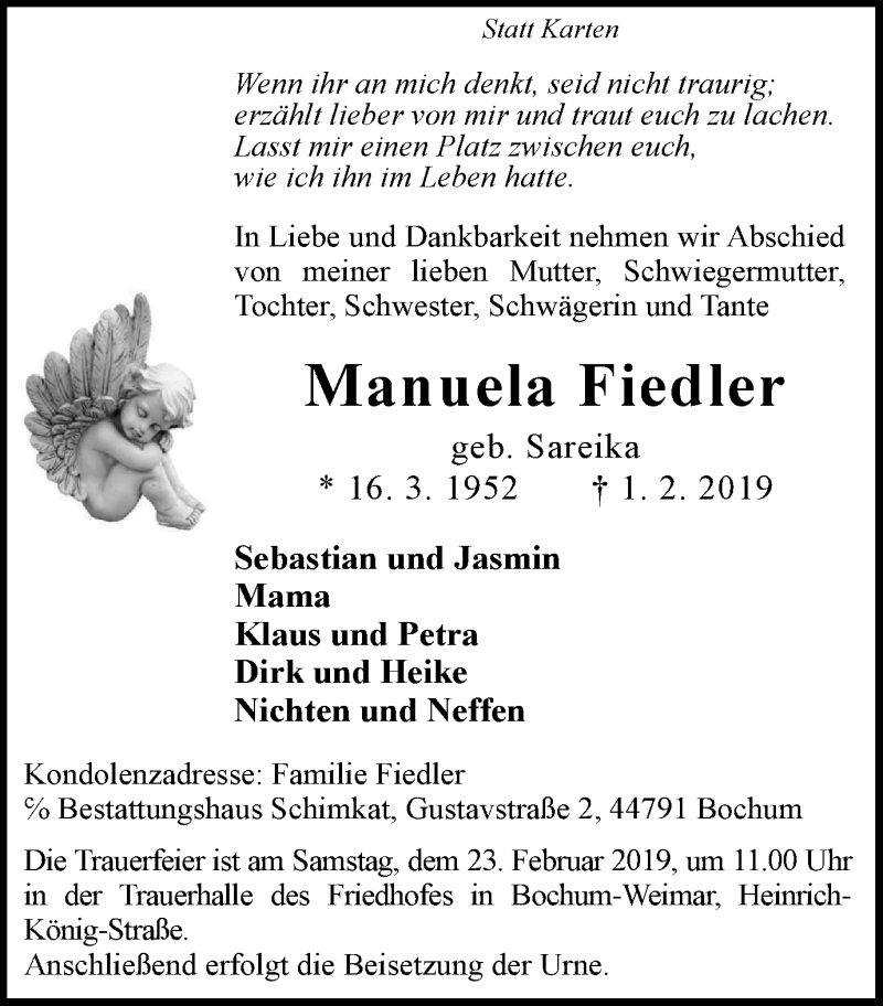  Traueranzeige für Manuela Fiedler vom 16.02.2019 aus Stadtspiegel Bochum