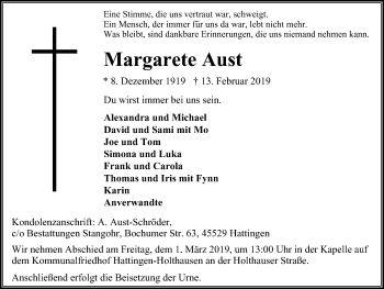 Traueranzeige von Margarete Aust von Stadtspiegel Hattingen/Niedersprockhövel