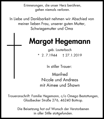 Traueranzeige von Margot Hegemann von Stadtspiegel Bottrop