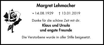 Traueranzeige von Margret Lehmacher von Wochen-Anzeiger Oberhausen