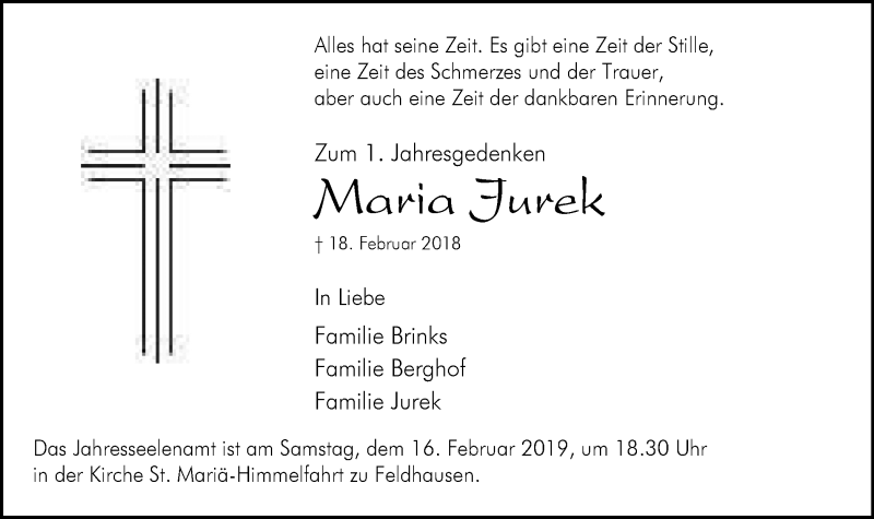  Traueranzeige für Maria Jurek vom 13.02.2019 aus Stadtspiegel Bottrop