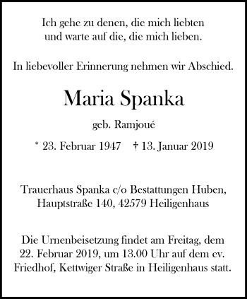 Traueranzeige von Maria Spanka von Stadtanzeiger Velbert + Heiligenhaus