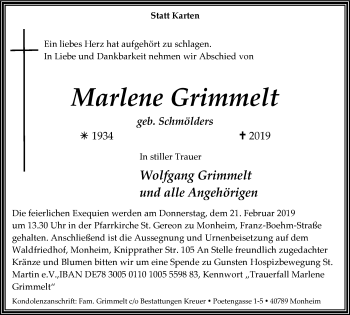 Traueranzeige von Marlene Grimmelt von Wochen-Anzeiger Langenfeld/Monheim/Hilden
